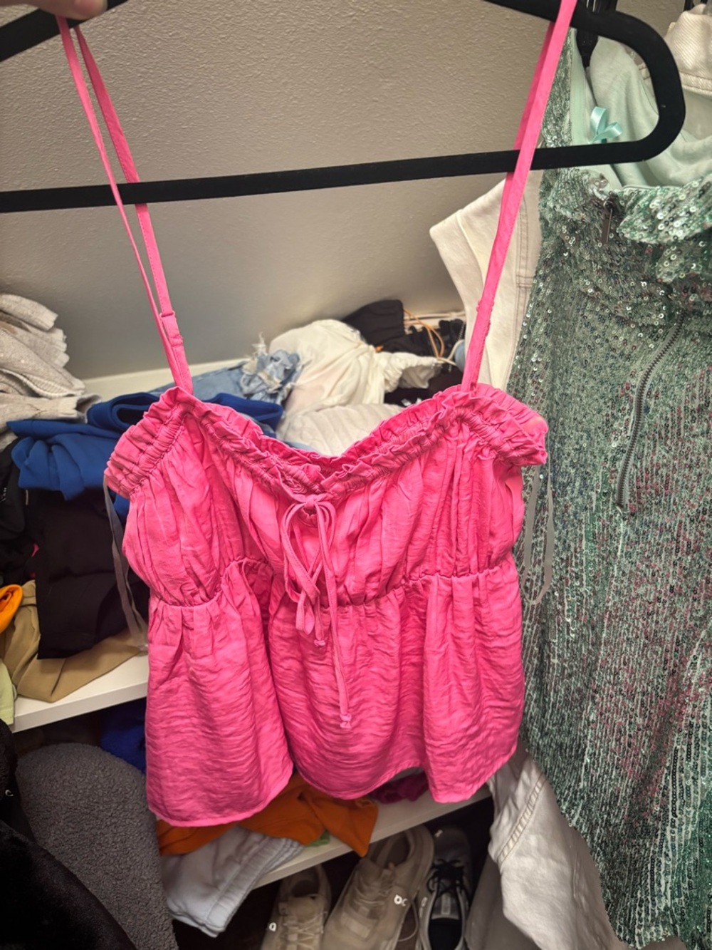 American Eagle Bright Pink Spaghetti Strap Ruffled Top